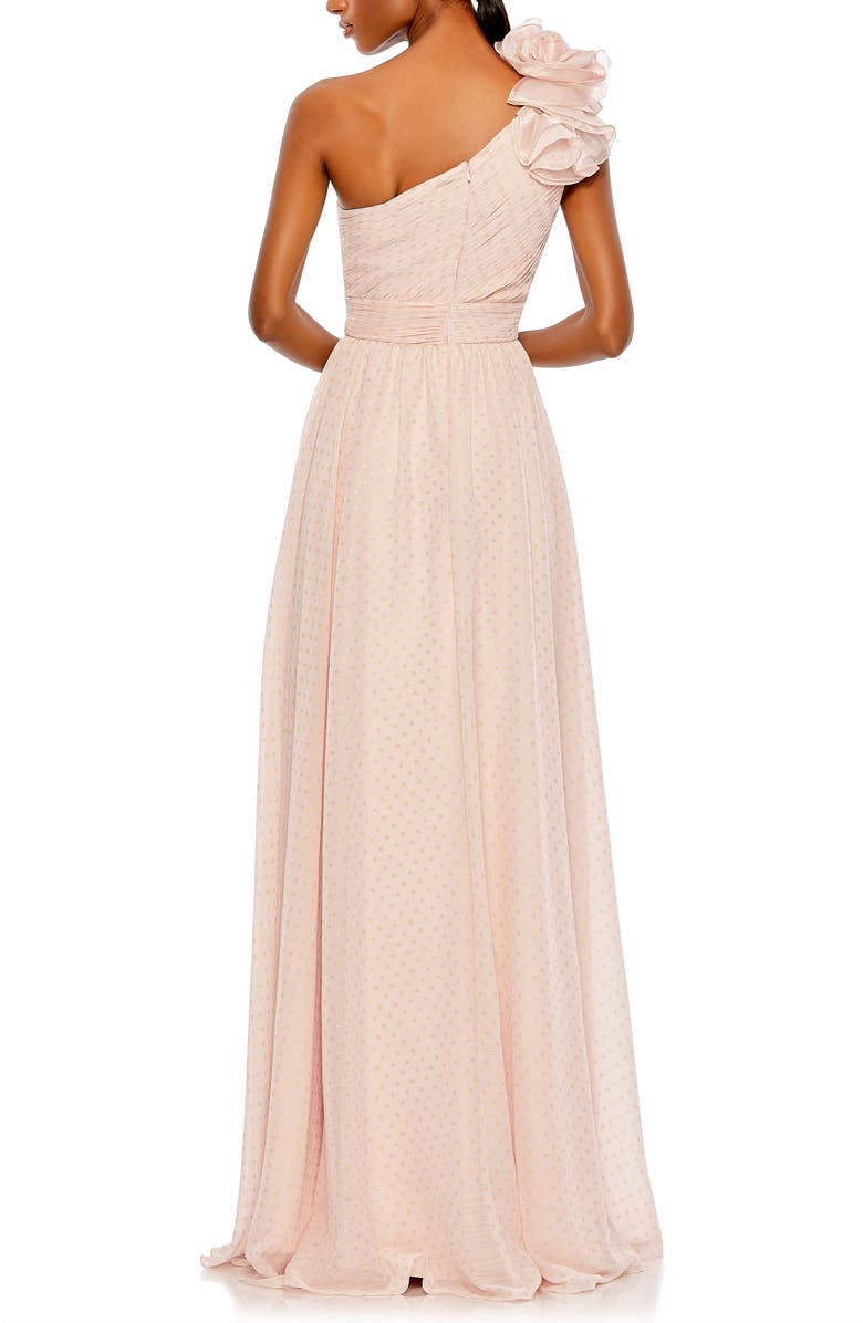 Mac Duggal Women's One Shoulder Polka Dot Chiffon Gown With Ruffle Detail, Alternate, color, Porcelain