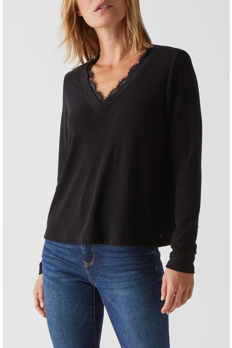 Bebe Lace Trim Relaxed Top, Alternate, color, BLACK