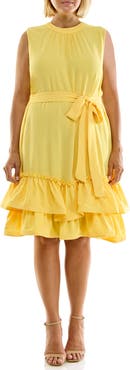 Nina Leonard Tiered Flounce Self Sash Shift Dress