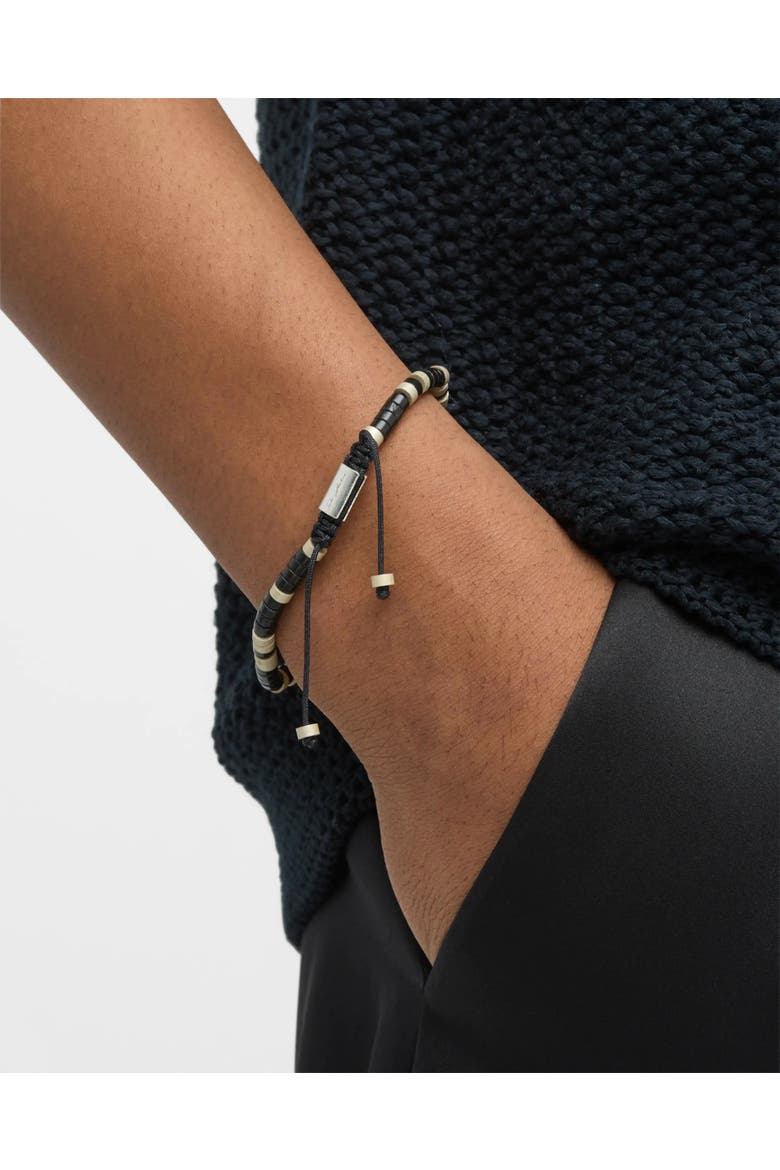 Black Agate Beaded Sterling Silver Bracelet With Black Pull Cord, Alternate, color, BLACK