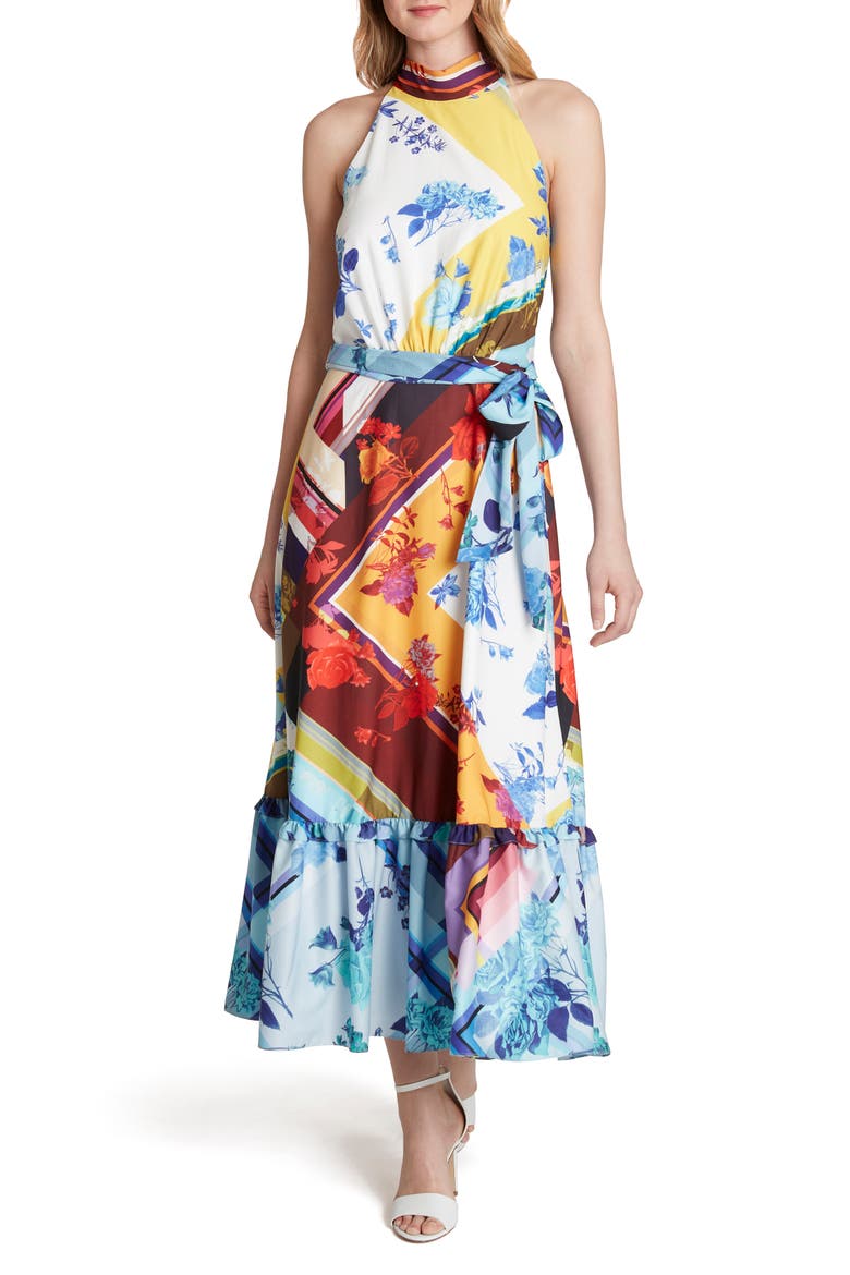 Print Halter Tie Waist Maxi Dress, Main, color, YELLOW BLUE SCARF