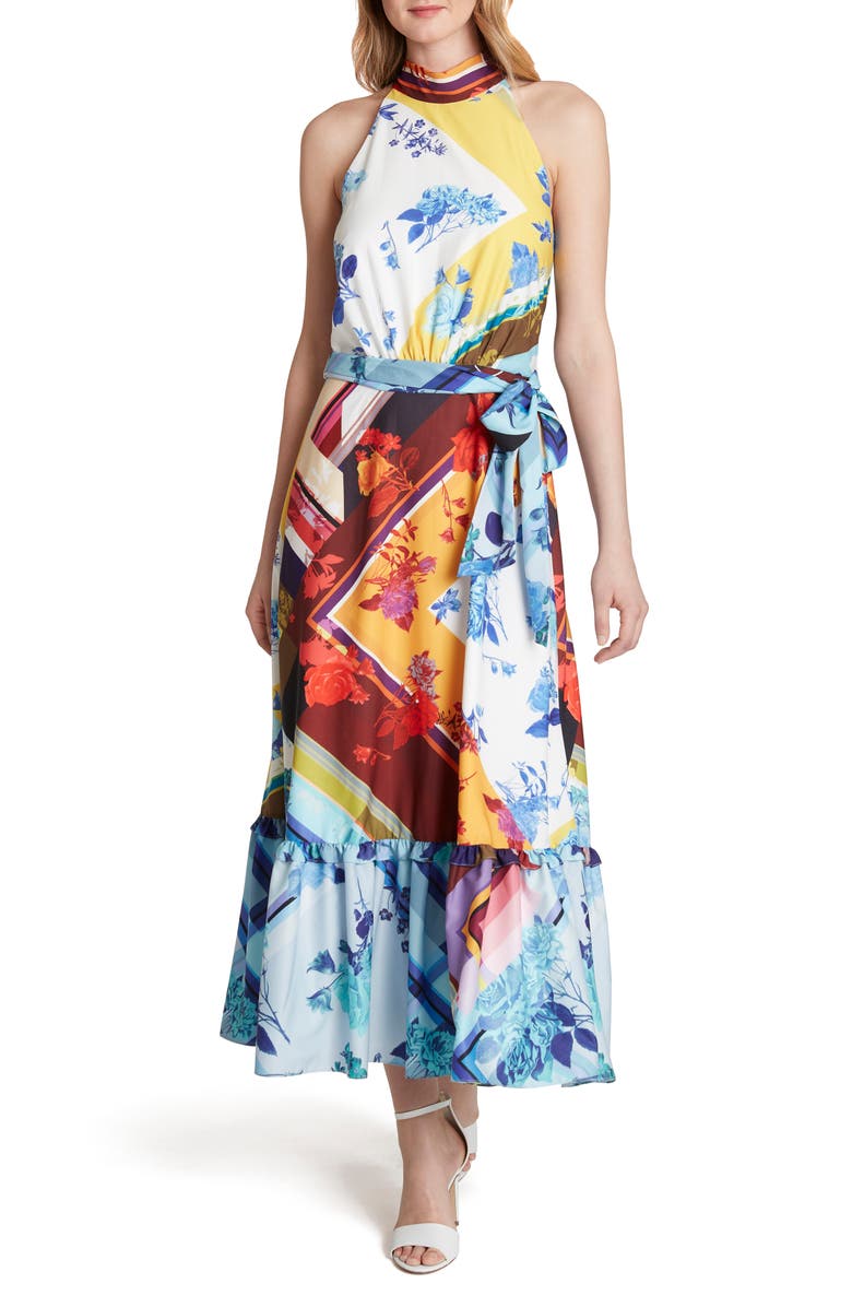 Tahari Print Halter Tie Waist Maxi Dress, Main, color, 