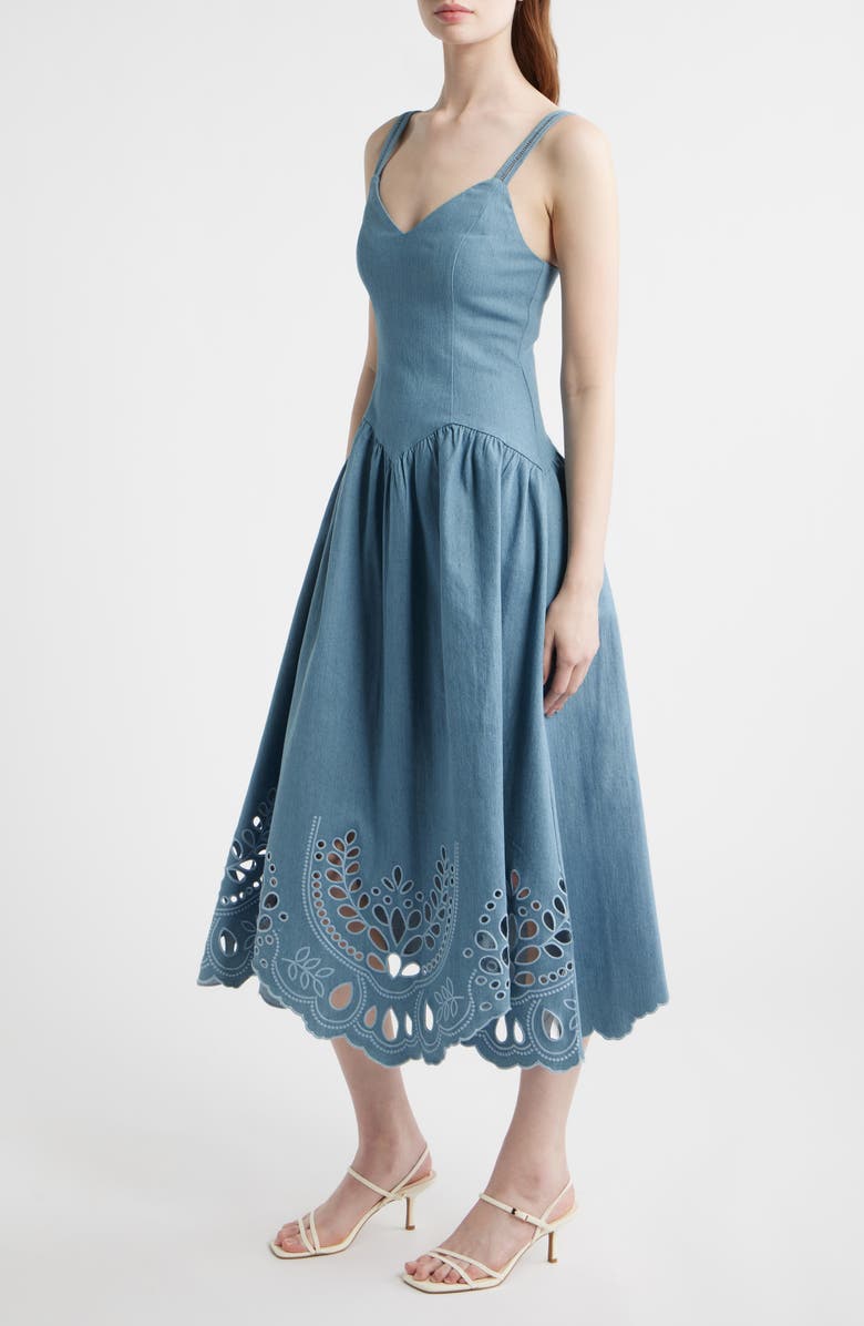 MOON RIVER Eyelet Detail Sleeveless Midi Dress, Alternate, color, Light Blue