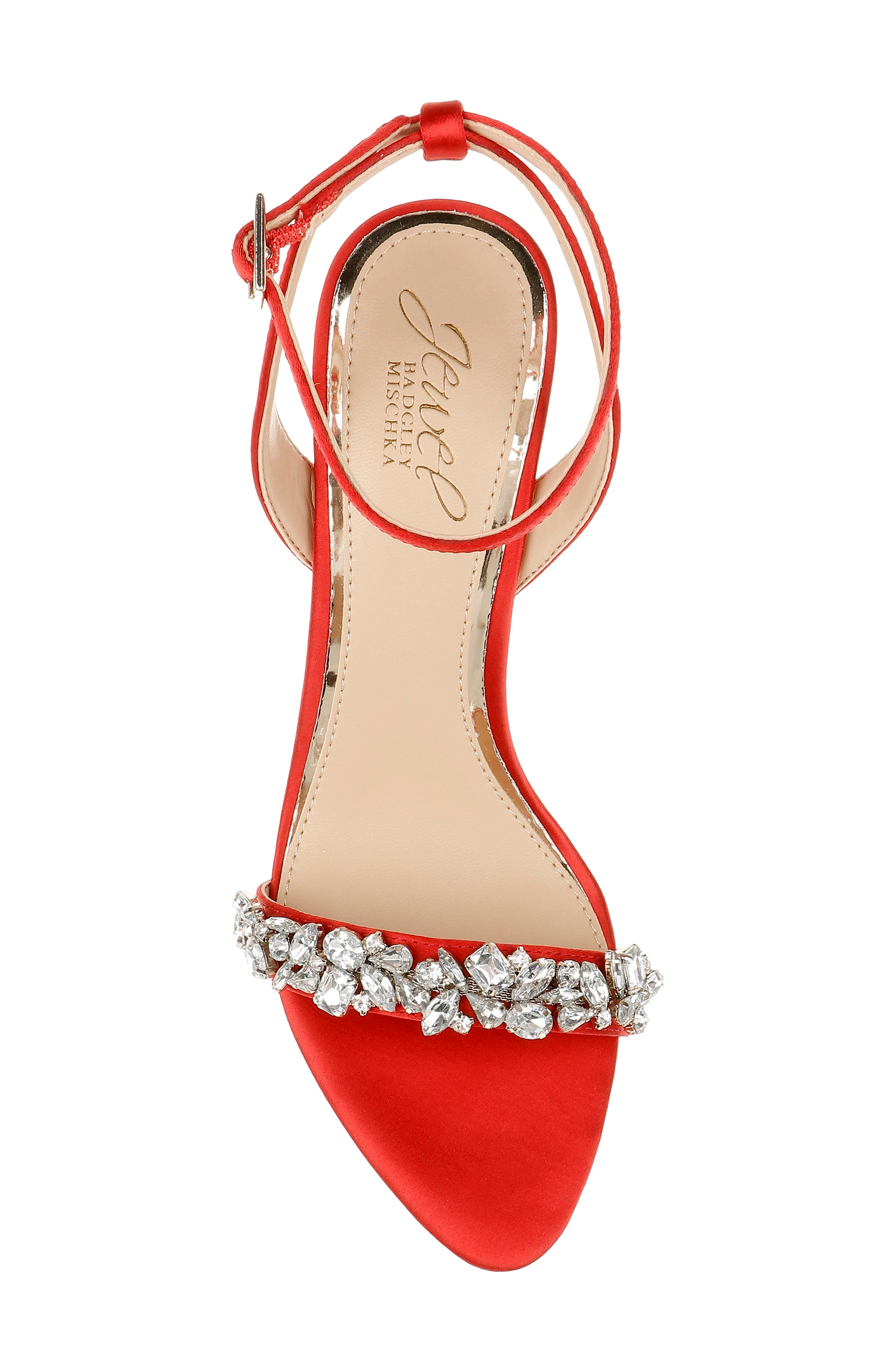 Jewel Badgley Mischka Ojai Crystal Ankle Strap Sandal, Alternate, color, Red Satin