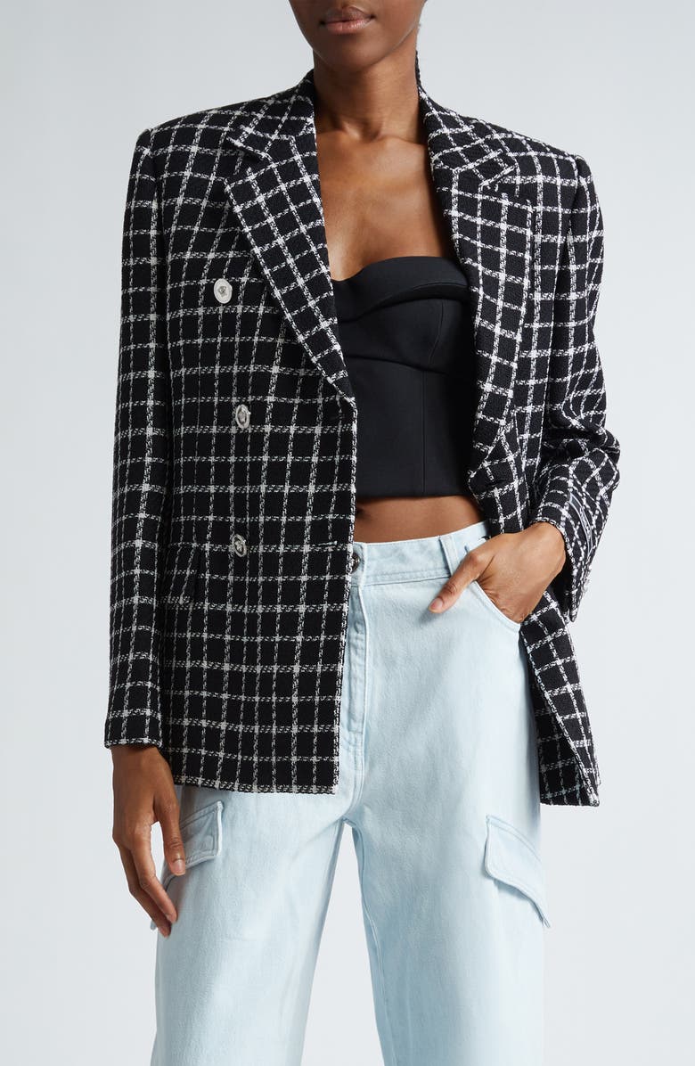 Versace Windowpane Check Double Breasted Crepe Blazer, Main, color,