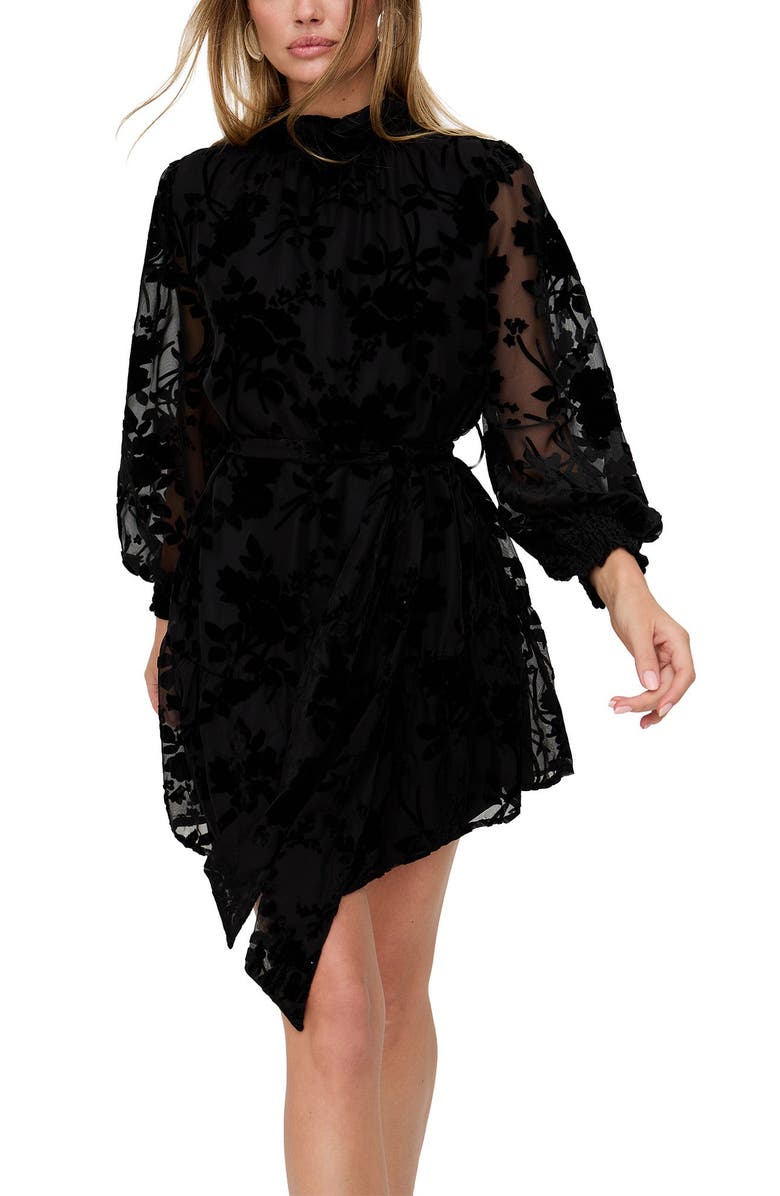 Lily and Lionel London Brezze High Neck Velvet Burnout Mini Dress, Alternate, color, Black