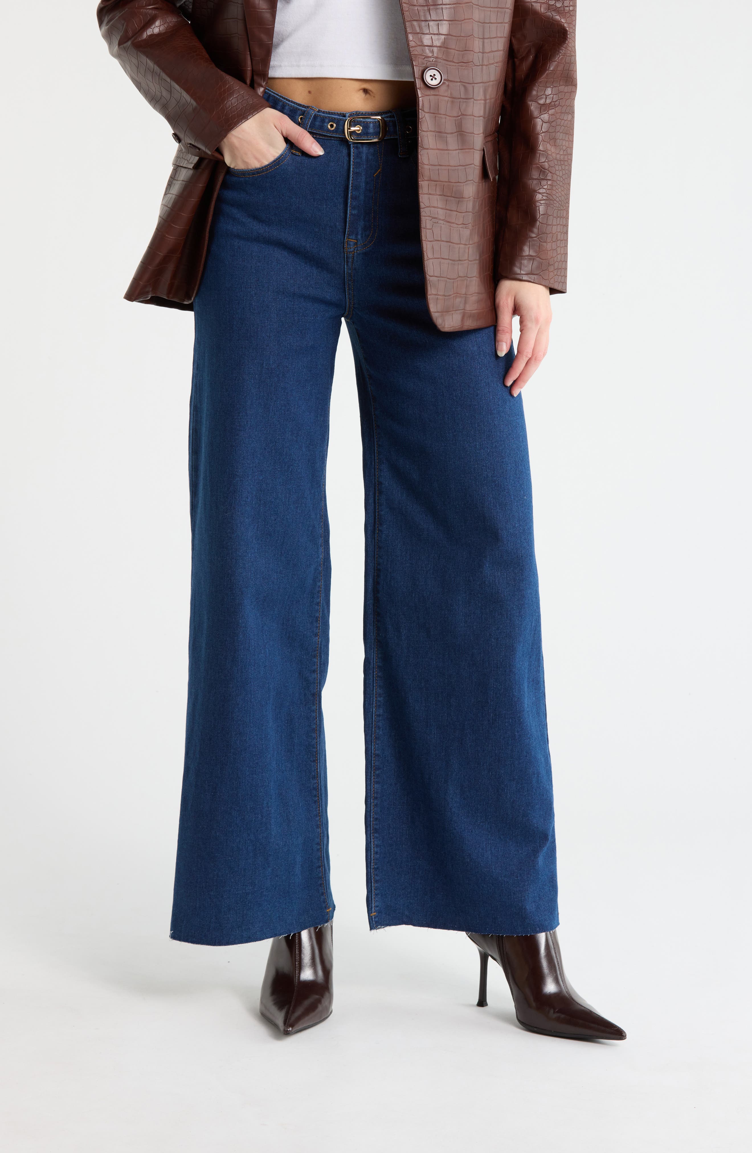 Vigoss Belted High Waist Wide Leg Palazzo Jeans
