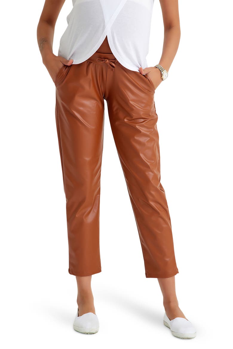 Comfy Cool Foldover Waistband Faux Leather Jogger Pants, Main, color, TOFFEE