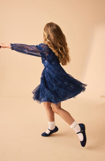 Kids' 3D Floral Long Sleeve Tiered Mesh Dress