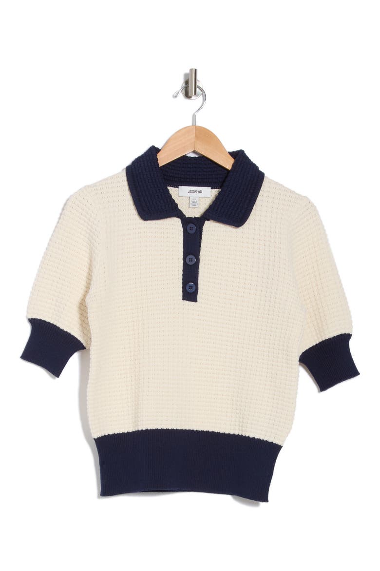 Short Sleeve Polo Sweater, Alternate, color, IVORY/ NAVY