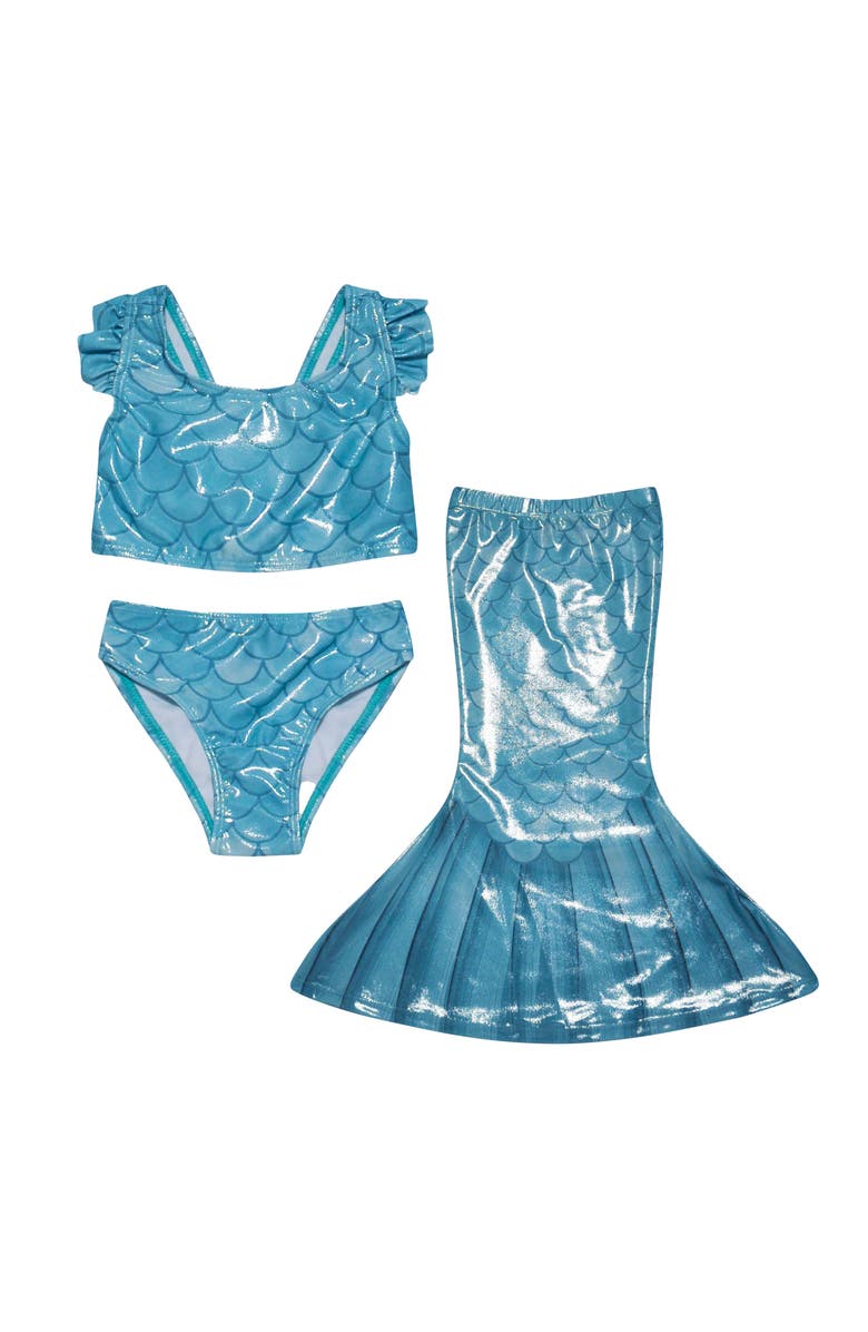 Flap Happy Girls UPF 50+ 3 Piece Mermaid Shell Swimsuit with Ruffle Shoulders, Main, color, Sebreeze Scales
