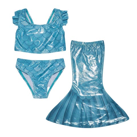 Girls UPF 50+ 3 Piece Mermaid Shell Swimsuit with Ruffle Shoulders
