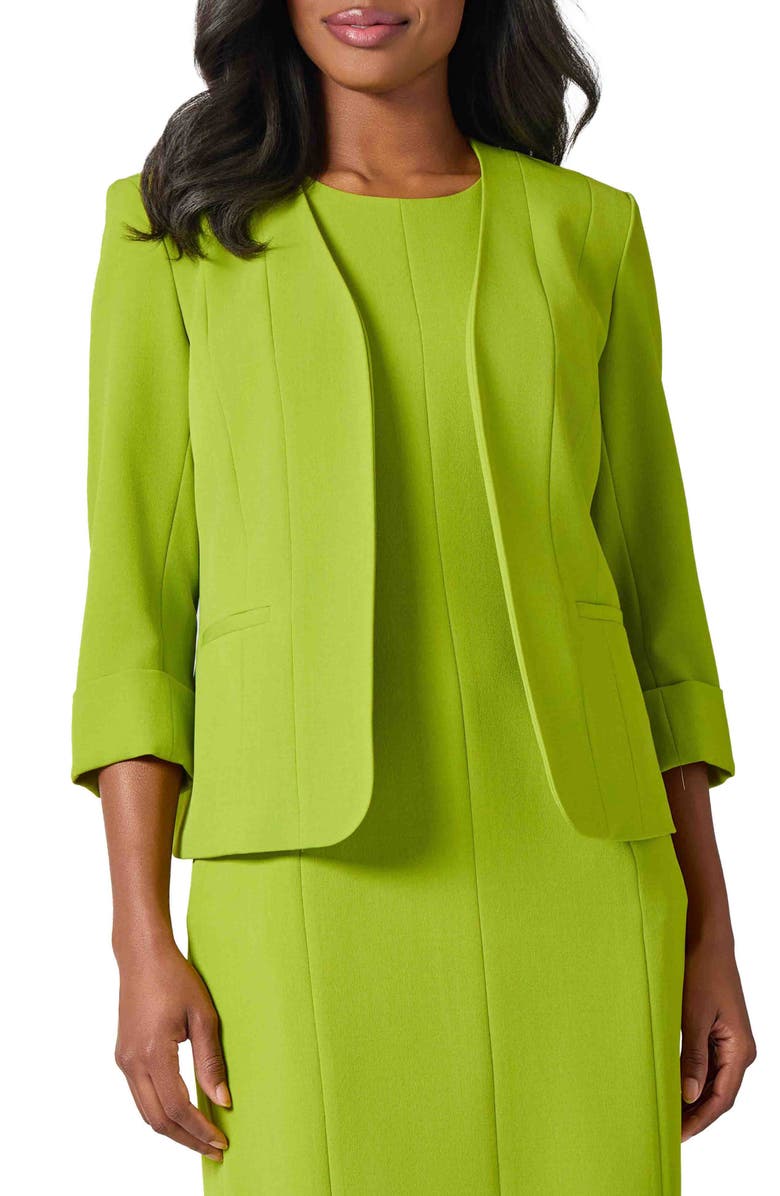 KASPER Open Front Seamed Crepe Jacket, Main, color, Kiwi