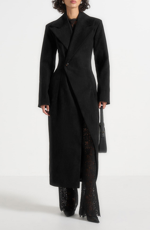 Esma Suede Asymmetric Coat with Cinch Belt