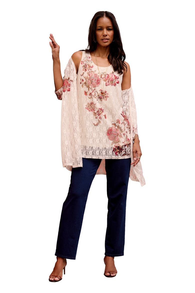Printed Lace Cardigan, Main, color, IVORY ZINNIA BLOOM