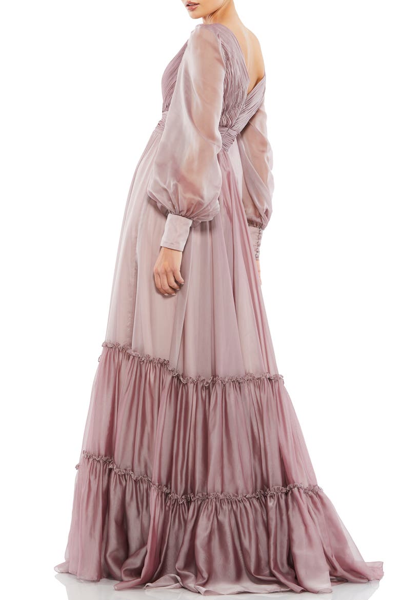 Long Sleeve Satin & Chiffon Tiered Gown, Alternate, color, MOCHA