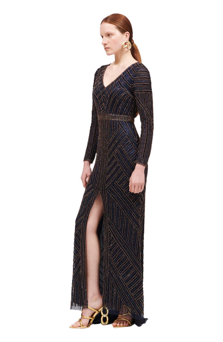 BEAUUT Occasion Embellished Sequin Beaded V Neck With Long Sleeves Evening Maxi Dress, Alternate, color, 