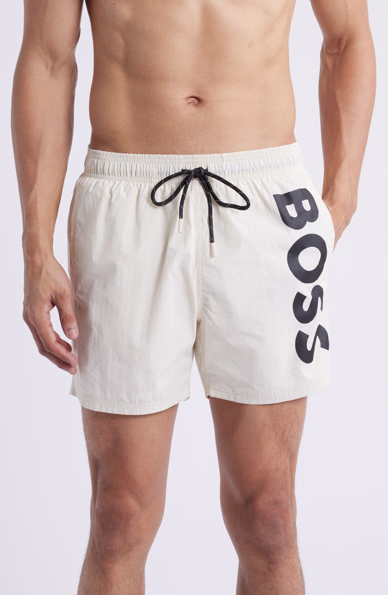 BOSS SWIMWEAR Octopus Swim Trunks, Main, color, Open White