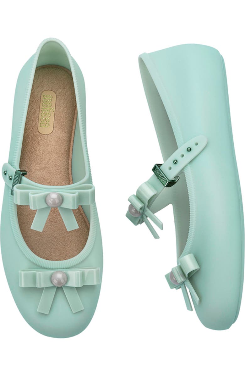 Melissa Soft Ballerina Bow Mary Jane Flat, Alternate, color, Green/ Beige