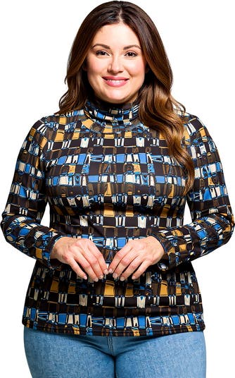 24seven Comfort Apparel Plus Size Mock Neck Long Sleeve Printed
