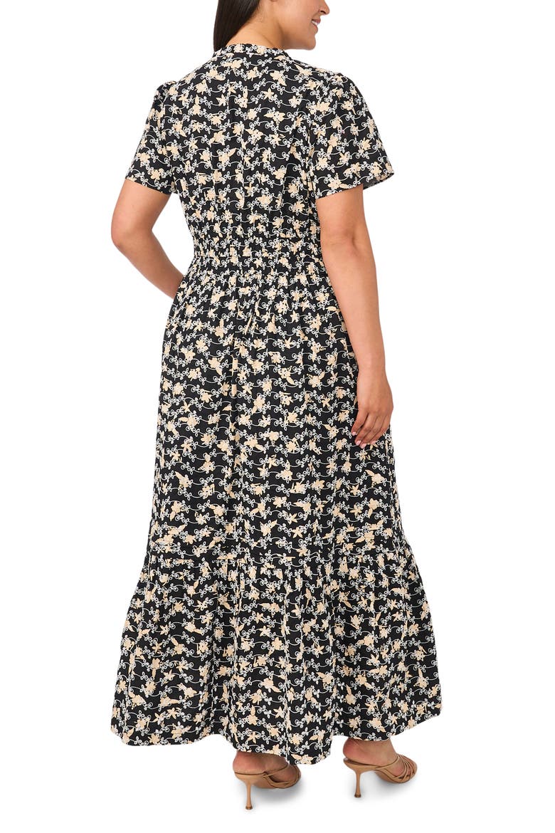 Embroidered Split Neck Tiered Cotton Maxi Dress, Alternate, color, RICH BLACK
