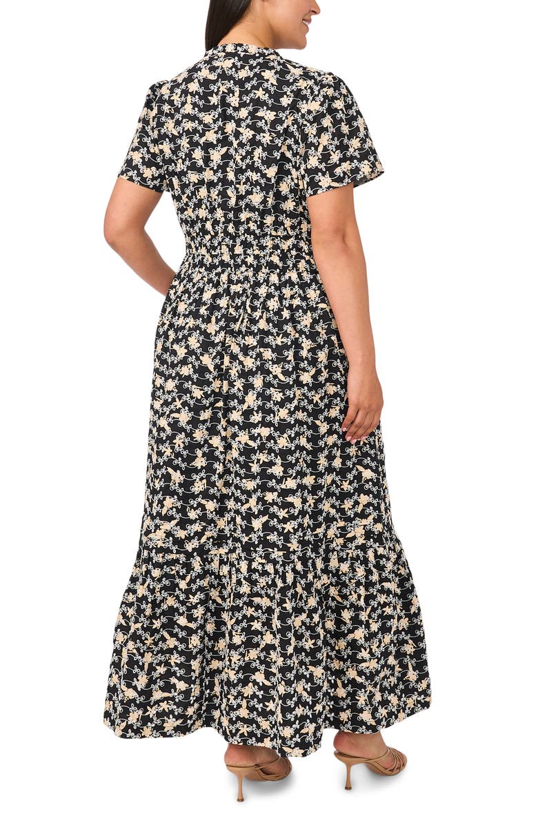 CeCe Embroidered Split Neck Tiered Cotton Maxi Dress, Alternate, color, Rich Black