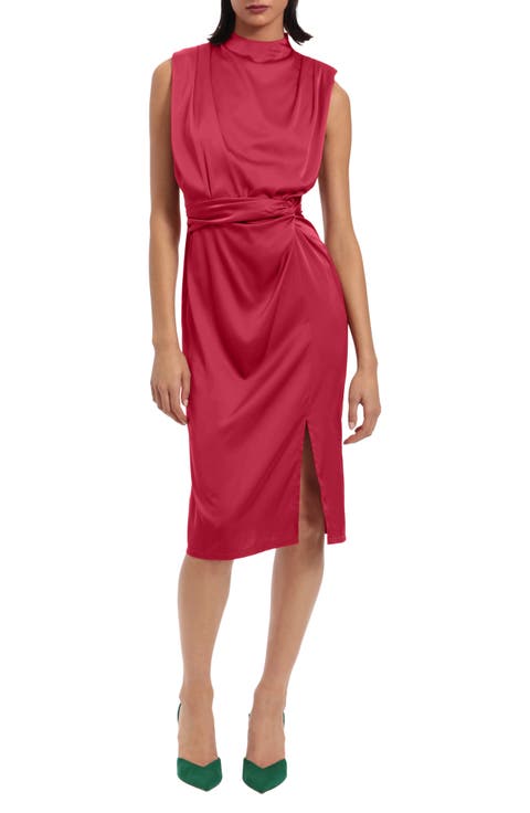Gathered Sleeveless Satin Cocktail Dress