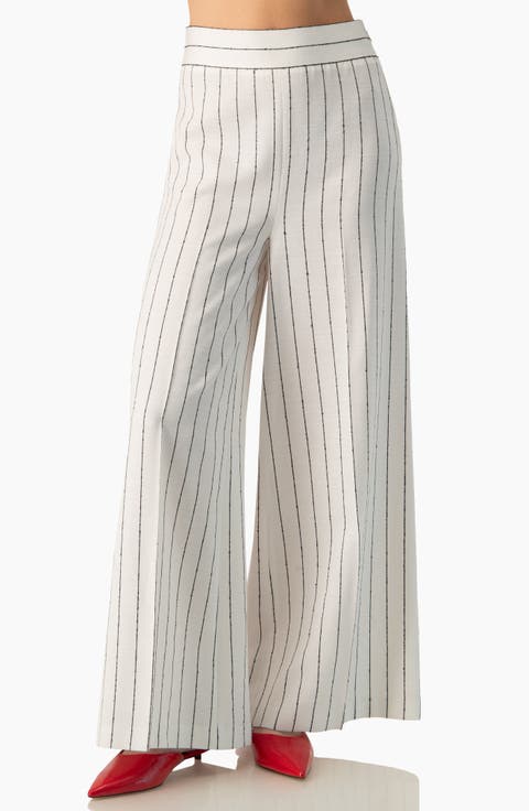 Pinstripe High-Waist Wide-Leg Tailored Suit Trousers