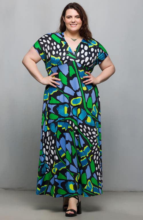 24seven Comfort Apparel Plus Size V-neck Empire Waist Cap Sleeve Maxi Dress In Green Multi