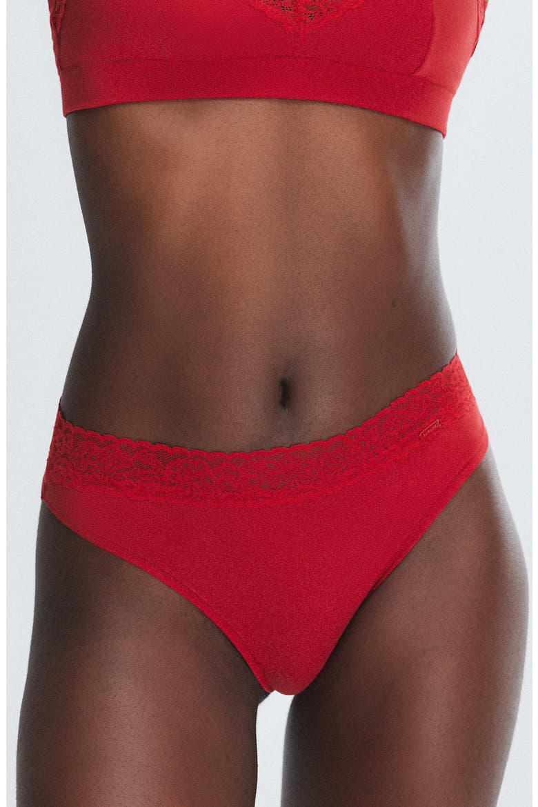 Essentials Lace Trim Stretch Cotton Thong, Main, color, TIMELESS RED