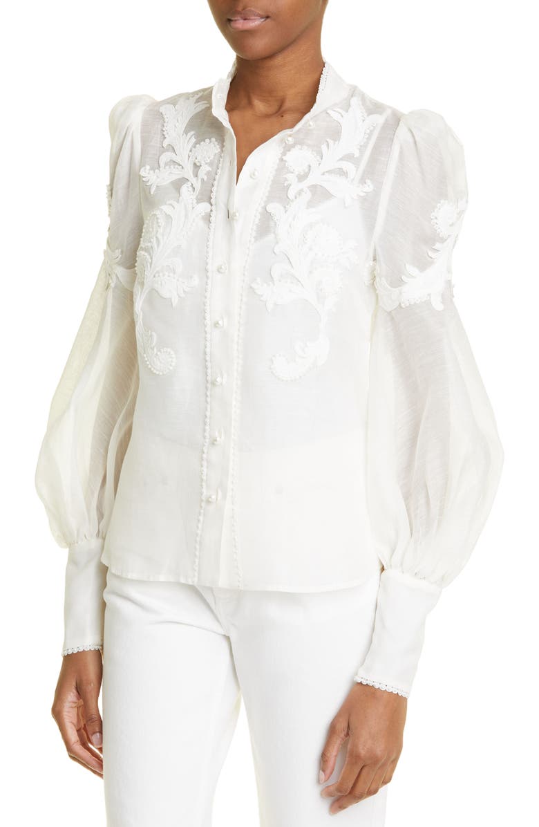 Zimmermann Wonderland Applique Long Sleeve Linen & Silk Blouse, Alternate, color,
