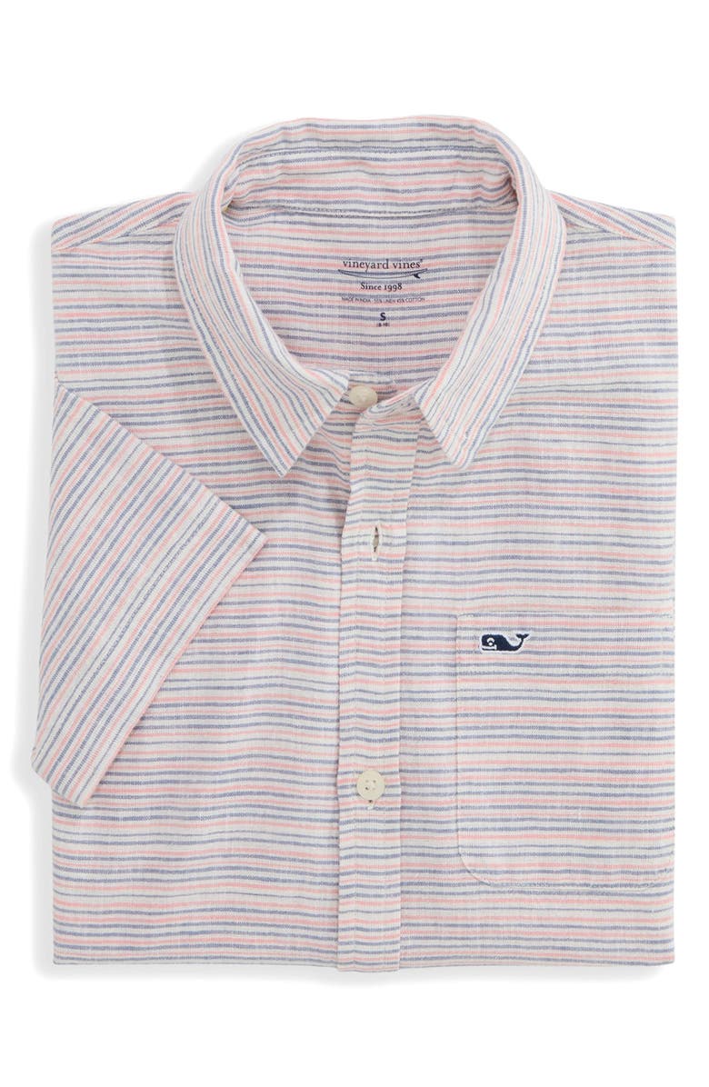 vineyard vines Kids' Stripe Linen & Cotton Button-Up Shirt, Alternate, color, Peaches & Cream