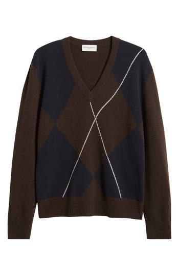 Shop Officine Generale Officine Générale Manolo Argyle Wool V-neck Sweater In Coffee/navy