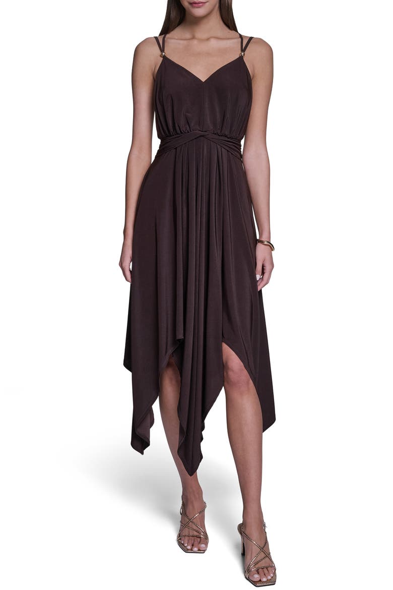 V-Neck Handkerchief Hem Dress, Main, color, DARK BROWN