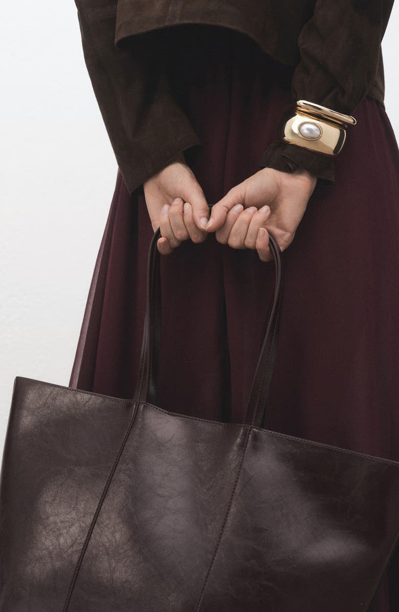 MANGO Large Leather Shopper Bag, Alternate, color, Chocolate