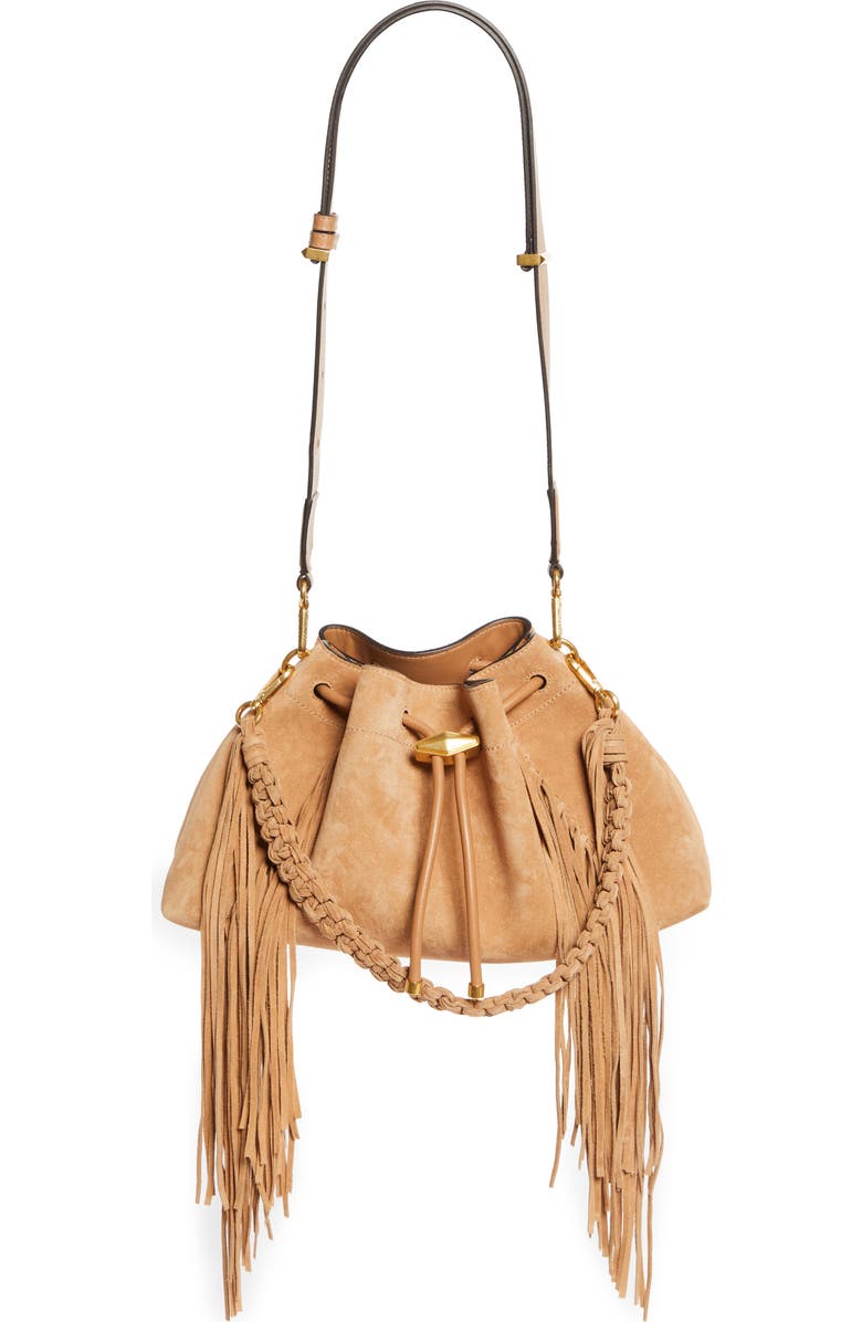 Jimmy Choo Bon Bon Fringe East/West Bucket Bag, Alternate, color, Toffee/ Toffee/ Gold