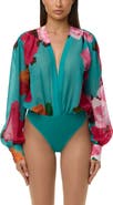 Naked Wardrobe Floral Print Chiffon V-Neck Bodysuit