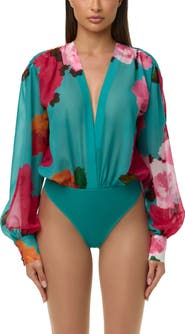 Naked Wardrobe Floral Print Chiffon V-Neck Bodysuit