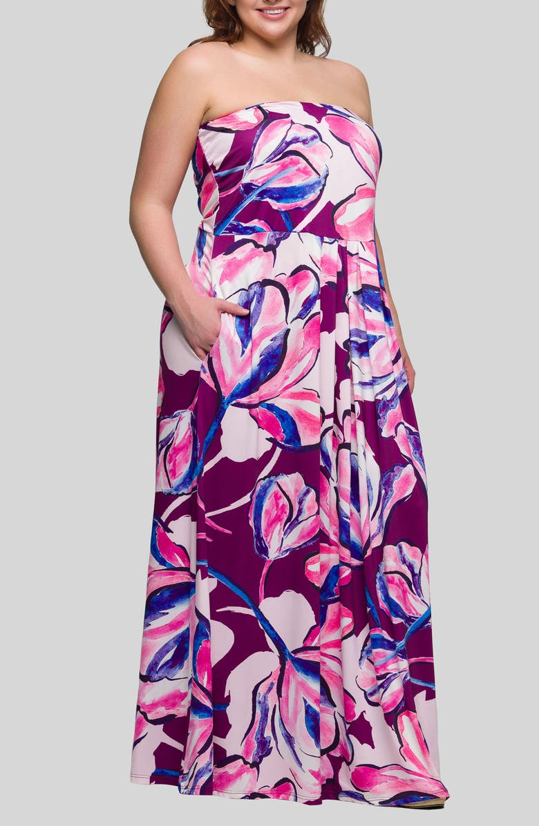 24seven Comfort Apparel Floral Strapless Knit Maxi Dress, Alternate, color,