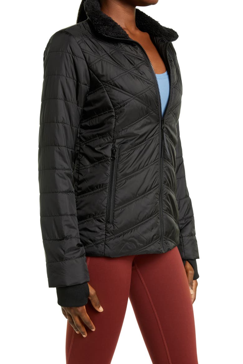 Quilted Short Puffer Jacket with Faux Fur Trim, Alternate, color, BLACK