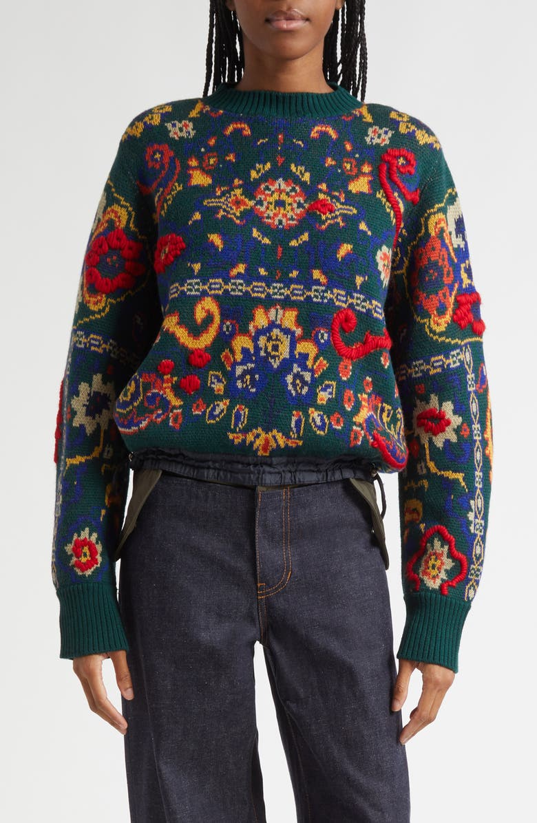 Sacai Floral Jacquard Wool Sweater, Main, color, Green