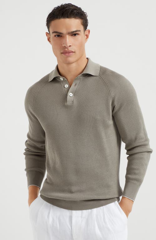 Brunello Cucinelli Cotton English-rib Polo Sweater In Khaki