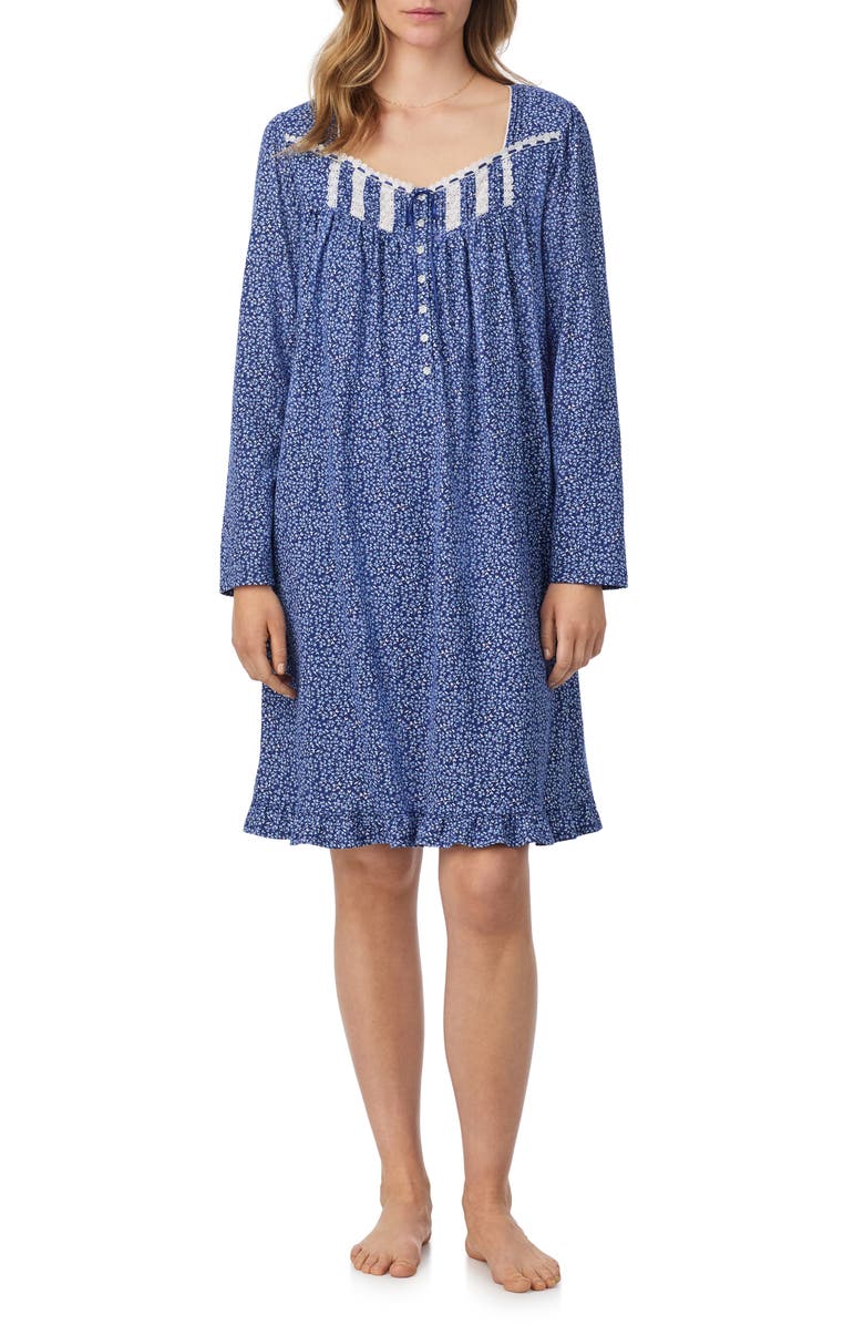 Eileen West Long Sleeve Cotton Jersey Short Nightgown, Main, color, Blu/ Flor