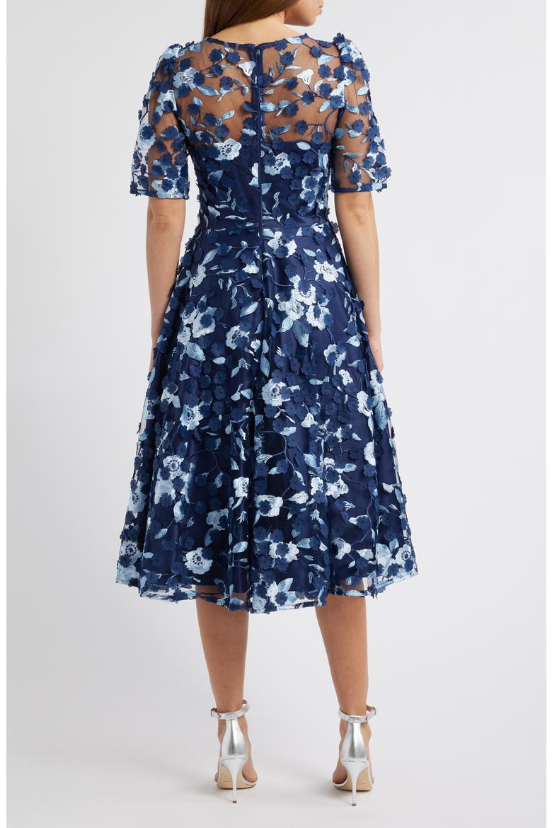 Floral Appliqué Cocktail Midi Dress, Alternate, color, NAVY