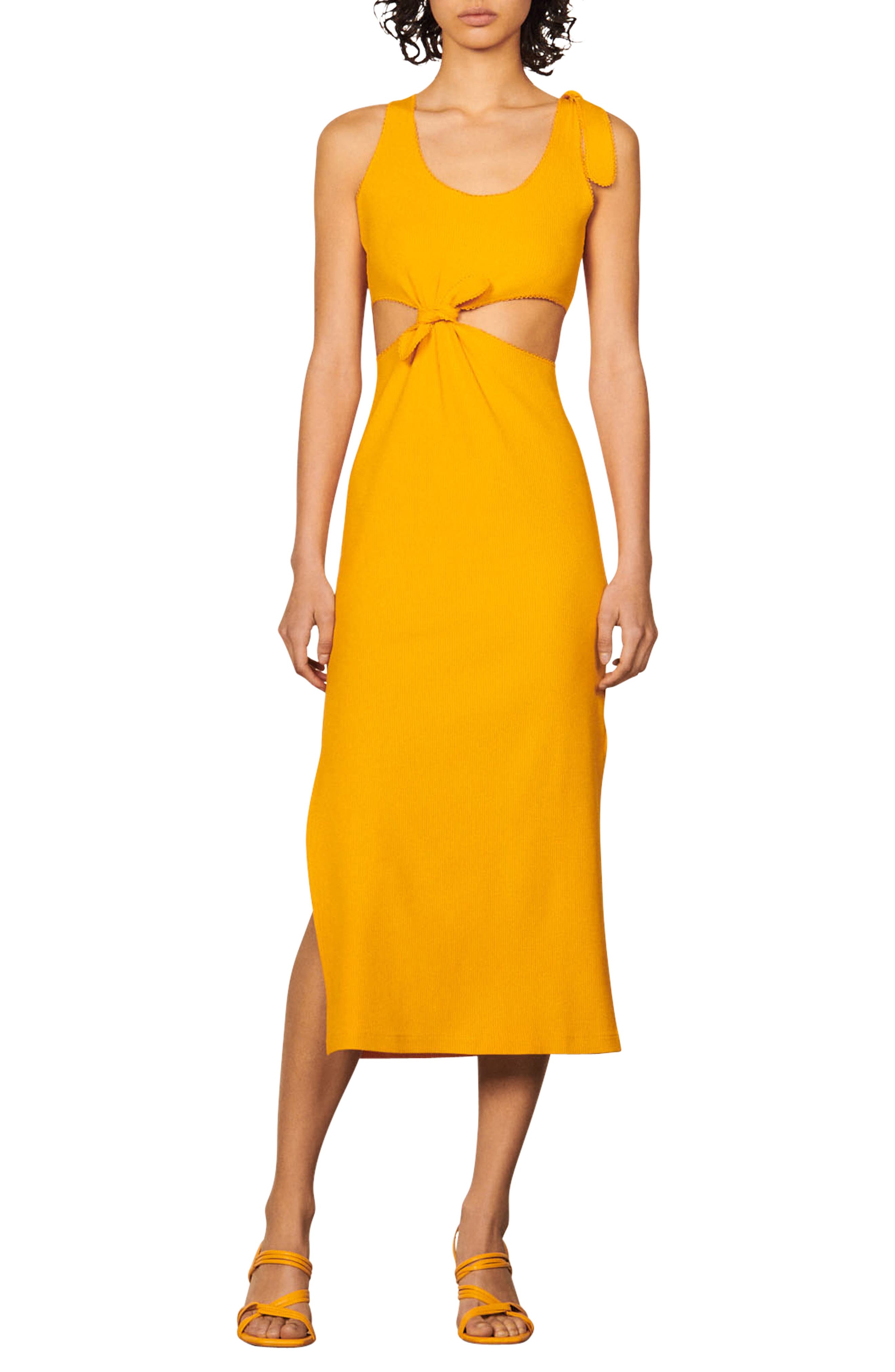 SANDRO Lolie Knotted Waist Cutout Midi Dress