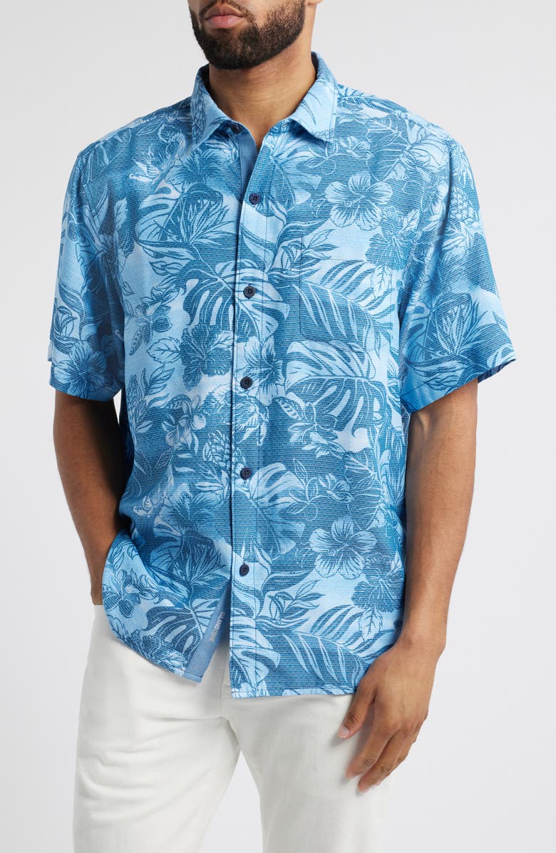 Tommy Bahama Coconut Point Ocean Escape Short Sleeve Button-Up Shirt, Main, color, Dew Drop