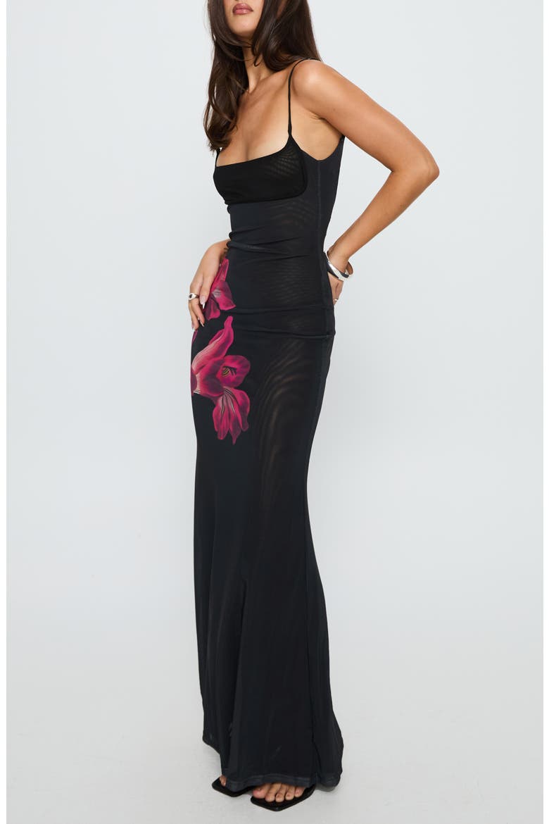 Fiadora Open Back Semisheer Mesh Maxi Dress, Alternate, color, BLACK FLORAL