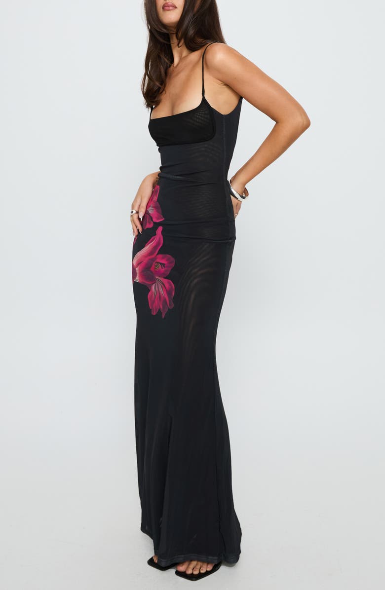 Princess Polly Fiadora Open Back Semisheer Mesh Maxi Dress, Alternate, color, Black Floral