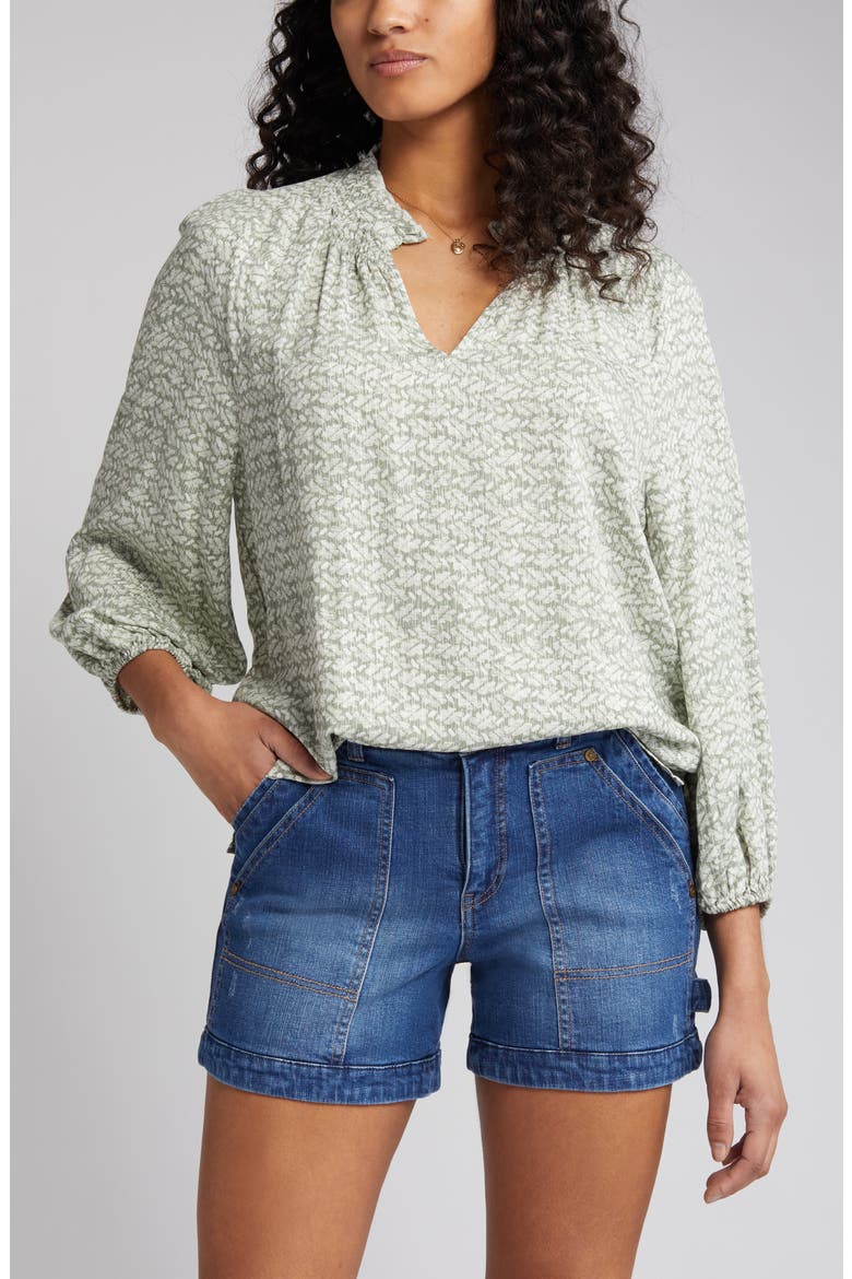 Split Neck Blouse, Alternate, color, GREEN DUNE- IVORY ELLA GEO