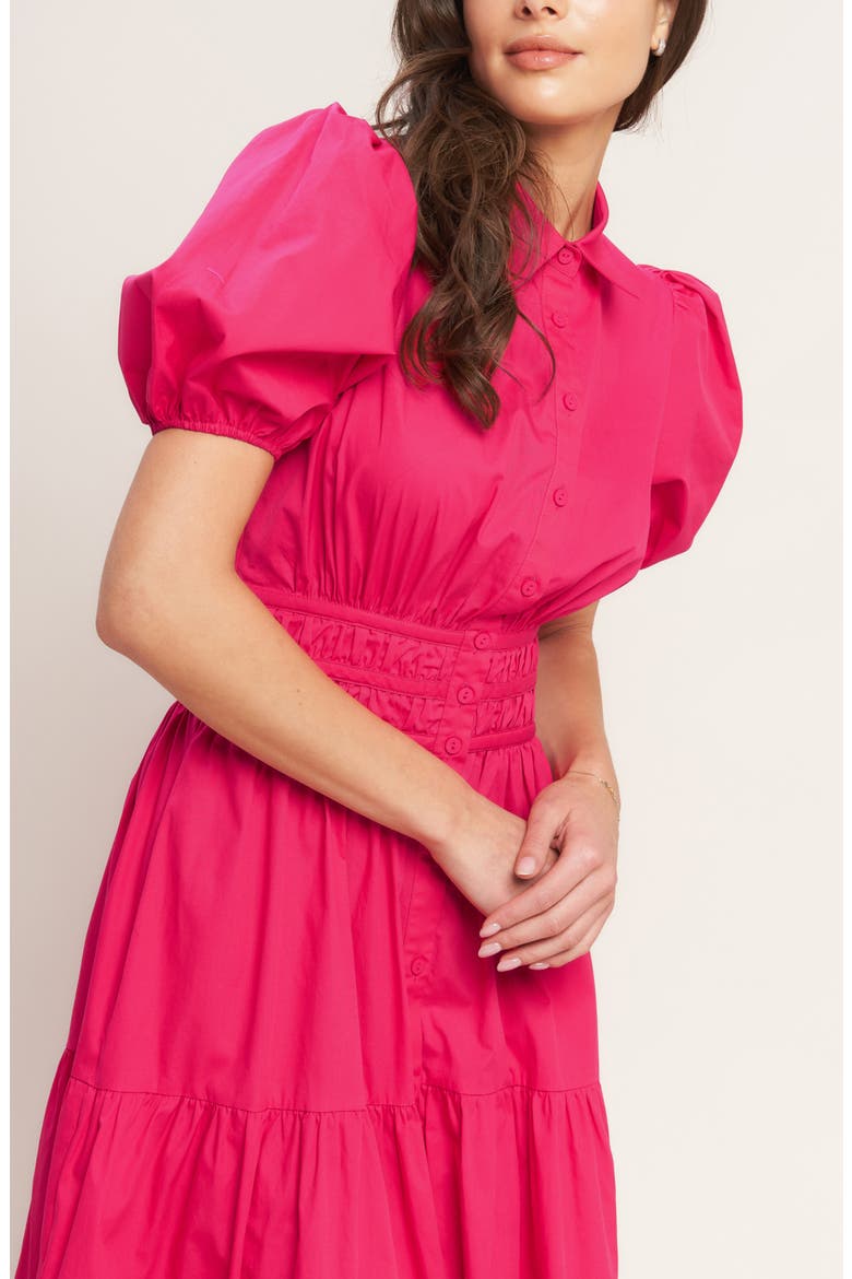 Puff Sleeve Tiered Midi Shirtdress, Alternate, color, FUCHSIA